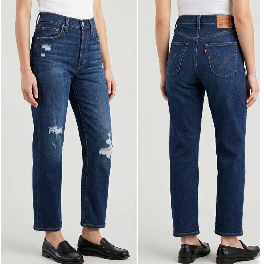Levis Ribcage Straight Ankle Jeans Womens 24x27 Dark Indigo Destructed NWT 72693